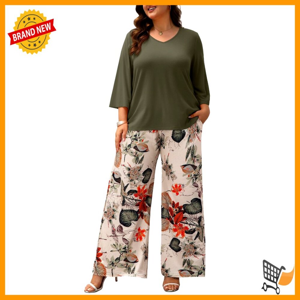 Plus Size Lounge Set 2 Piece Outfit 3/4 Sleeve Top Wide Leg Pants Loungewear
